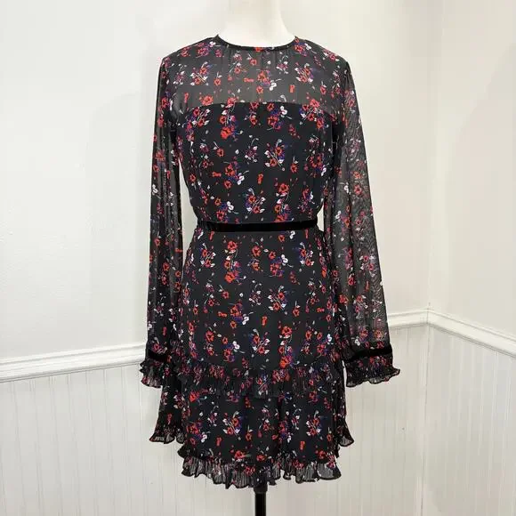 Lulus S Mini Dress Black Long Sleeve Floral Chiffon Ruffle Pleat Sheer Cottage - Picture 14 of 14